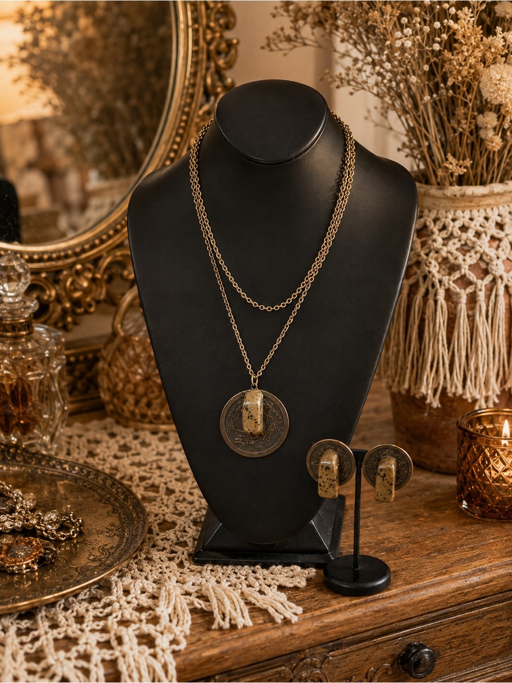 Vintage Chunky Replica Metal Coin Faux Stone Necklace and Clip on Earrings Set